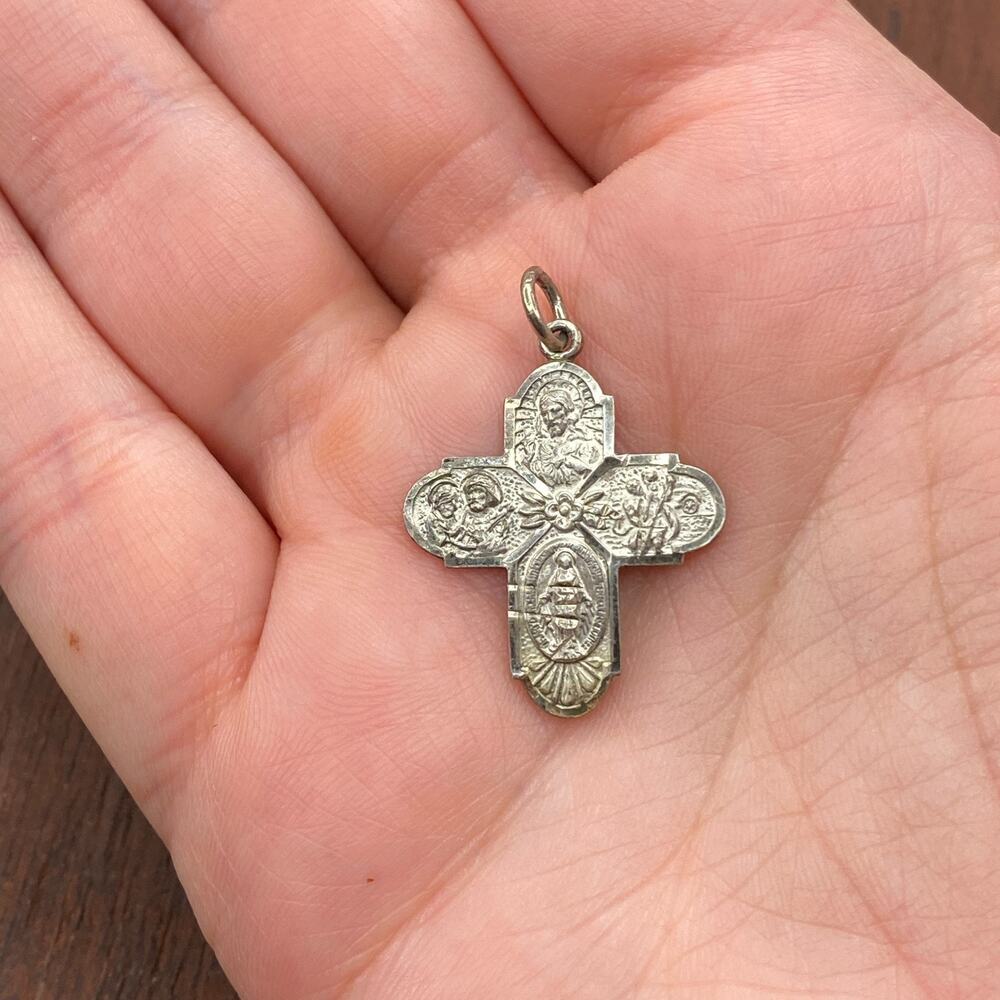 Vintage Creed 925 Sterling Silver Four Way Cross Medal Pendant Bracelet Charm